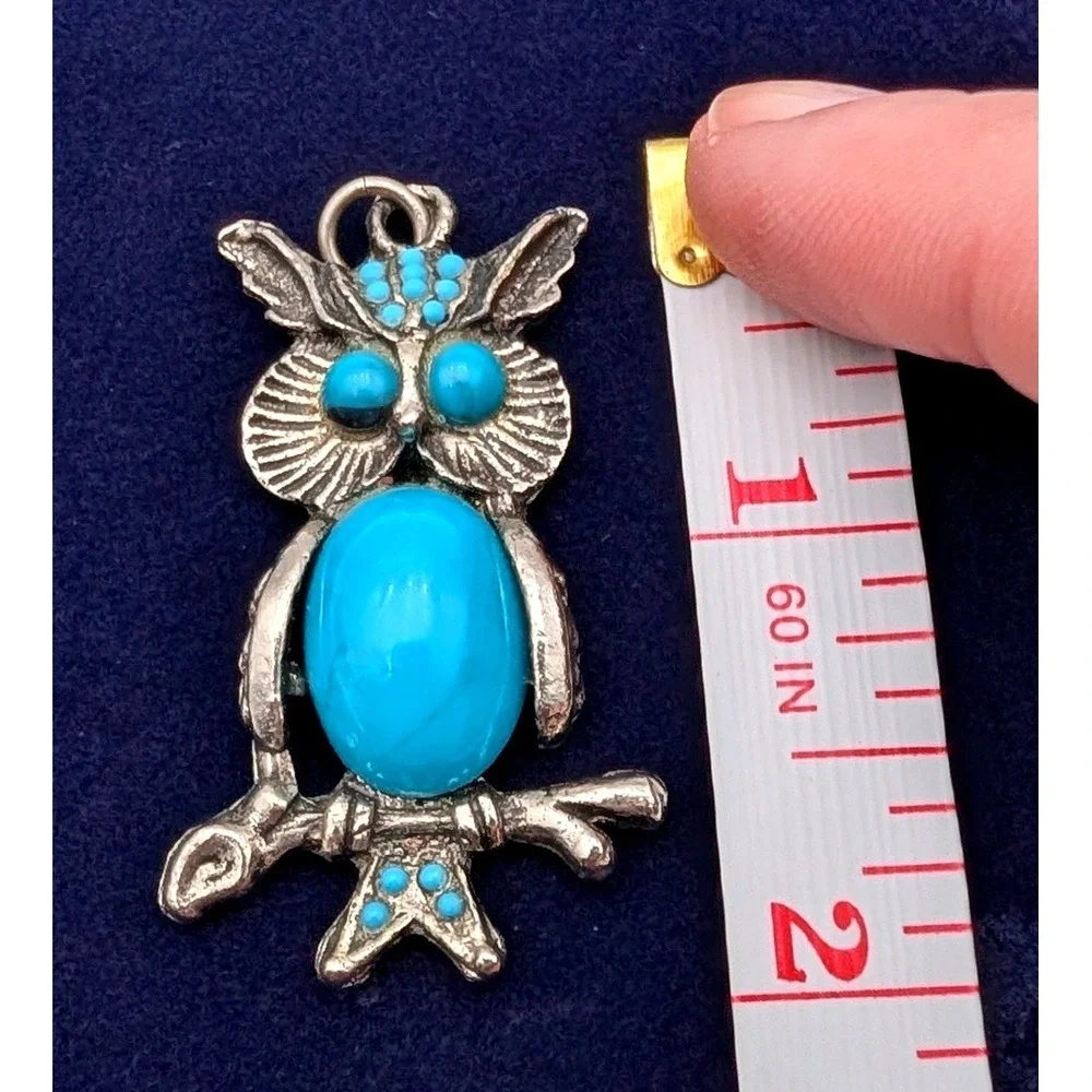 Vintage Silver Tone Owl Pendant Faux Turquoise Cabochon Boho Bird Jewelry